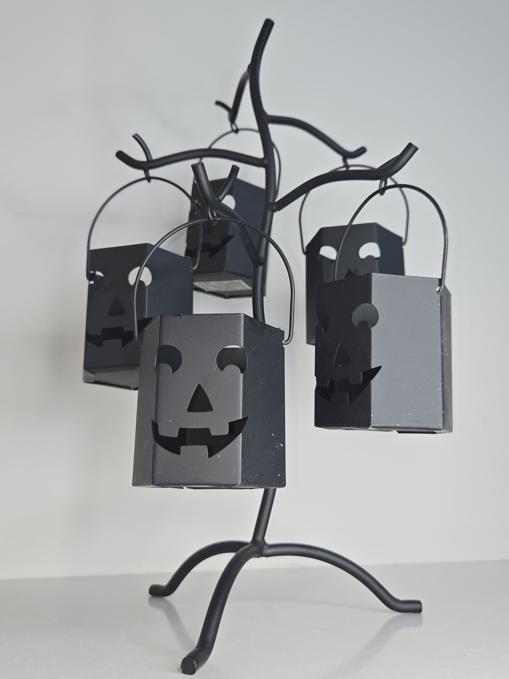Vintage Halloween 14" Black Metal Jack-O-Lantern Candle Votive Tree Pumpkin